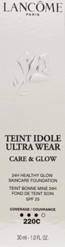 Lancôme Teint Idole Ultra Wear Care & Glow, nawilżający podkład z SPF 25, odcień 220C, jasnobeżowe opakowanie.