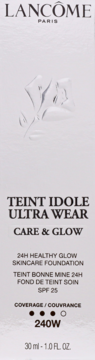 Lancôme Teint Idole Ultra Wear Care & Glow podkład, 240W, SPF 25, z przodu, białe opakowanie 30ml.