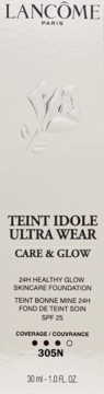 Opakowanie podkładu Lancôme Teint Idole Ultra Wear Care & Glow SPF 25, odcień 305N, beżowy kartonik.