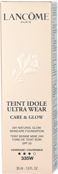 Jasnobeżowe opakowanie podkładu Lancôme Teint Idole Ultra Wear Care & Glow 335W SPF 25, widok z przodu.