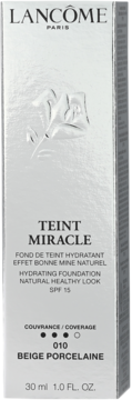 Lancôme Teint Miracle Hydrating Foundation, shade 010 Beige Porcelaine, SPF 15, silver box, front view.