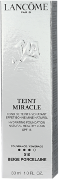 Lancôme Teint Miracle Hydrating Foundation, shade 010 Beige Porcelaine, SPF 15, silver box, front view.