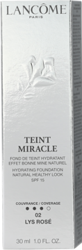 Białe, błyszczące pudełko podkładu Lancôme Teint Miracle Hydrating Foundation SPF 15, odcień 02 Lys Rosé, widok z przodu.