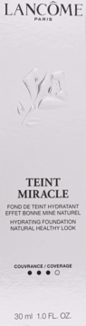 Lancôme Teint Miracle Hydrating Foundation 30ml, białe opakowanie z przodu, tekst: Natural Healthy Look, średnie krycie.