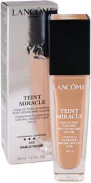 Nawilżający podkład Lancôme Teint Miracle 045 Sable Beige w butelce z czarną nakrętką i srebrnym pudełkiem, SPF 15.
