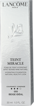 Białe opakowanie Lancôme Teint Miracle 055 Beige Idéal Hydrating Foundation, średnie krycie, widok z przodu.