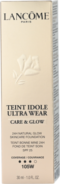 Pielęgnujący podkład Lancôme Teint Idole Ultra Wear Care & Glow SPF 25, odcień 105W, na beżowym pudełku.