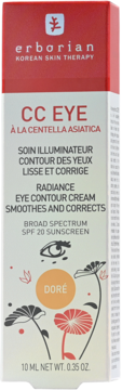 Erborian CC Eye Doré, krem pod oczy SPF 20, 10ml, w beżowym pudełku z czerwoną górą i kwiatami, widok z przodu.