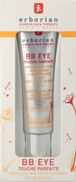 Erborian BB Eye Touche Parfaite 3-w-1 krem pod oczy z korektorem SPF 20 w biało-pomarańczowym pudełku, widok z przodu.