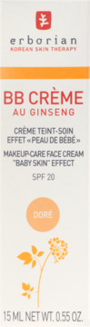 Erborian BB Crème Au Ginseng SPF 20 Doré, białe opakowanie z pomarańczowym paskiem i żeń-szeniem, widok z przodu.