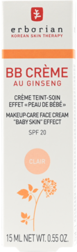 Erborian BB Crème au Ginseng SPF 20, odcień Clair, efekt baby skin, białe opakowanie z pomarańczowym paskiem i ilustracją żeń-szenia.