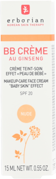 Erborian BB Crème z żeń-szeniem Nude, SPF 20, 15ml, białe pudełko z pomarańczową ilustracją roślinną.