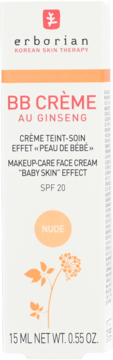 Erborian BB Crème z żeń-szeniem Nude, SPF 20, 15ml, białe pudełko z pomarańczową ilustracją roślinną.