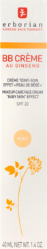 Krem BB Erborian z Ginsengiem SPF 20 Nude, białe opakowanie z czerwonym logo i grafiką rośliny.