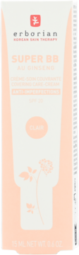 Erborian Super BB Au Ginseng, kryjący krem BB SPF 20, odcień Clair, w białej tubce z roślinnym motywem.