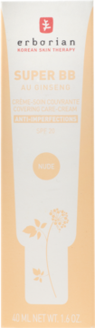 Krem BB Erborian Super BB Au Ginseng SPF 20 w beżowej tubce, odcień Nude, widok z przodu z grafiką.