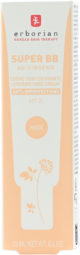 Erborian Super BB Au Ginseng Nude SPF 20 cream in a light peach box with a ginseng illustration, front view.