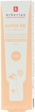 Erborian Super BB Nude z żeń-szeniem, krem kryjący SPF 20, tubka w beżowym pudełku z grafiką, widok z przodu.