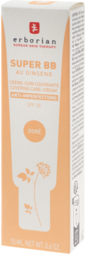 Krem BB Erborian Super BB Au Ginseng SPF 20, odcień Doré, w białej tubce w pomarańczowym kartoniku.