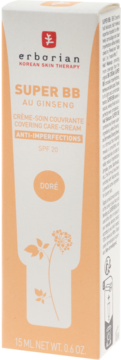 Krem BB Erborian Super BB Au Ginseng SPF 20, odcień Doré, w białej tubce w pomarańczowym kartoniku.