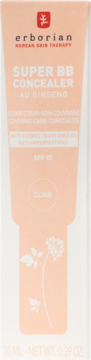 Erborian Super BB Concealer Au Ginseng Clair, brzoskwiniowa tubka z SPF 25 i rośliną żeń-szenia, widok z przodu.