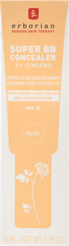 Tubka korektora Erborian Super BB Au Ginseng SPF 25 w odcieniu Nude, widok z przodu, z botanicznym wzorem.