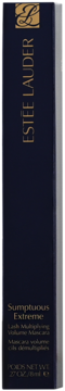 Granatowe opakowanie Estée Lauder Sumptuous Extreme Lash Multiplying Volume Mascara, widok z przodu, złote napisy.