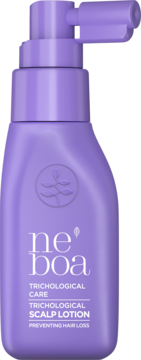Fioletowa wcierka Neboa Trichological Care Scalp Lotion z pompką, na wypadanie włosów, widok z przodu.
