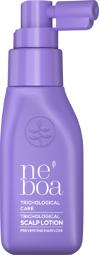 Fioletowa wcierka Neboa Trichological Care Scalp Lotion z pompką, na wypadanie włosów, widok z przodu.