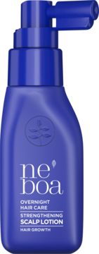 Neboa Overnight Hair Care, niebieska butelka wzmacniającej wcierki na porost włosów z pompką, widok z przodu.