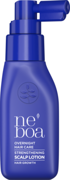 Neboa Overnight Hair Care, niebieska butelka wzmacniającej wcierki na porost włosów z pompką, widok z przodu.