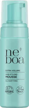 Neboa Extra Volume pianka do włosów, błękitna butelka z pompką, 97% naturalna, 24H utrwalenia. Widok z przodu.