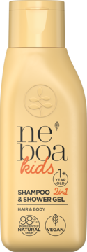 Neboa Kids 2in1 szampon i żel do mycia dla dzieci 1+, 98% naturalny, wegański, w beżowej butelce, widok z przodu.