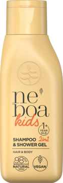 Neboa Kids 2in1 szampon i żel do mycia dla dzieci 1+, 98% naturalny, wegański, w beżowej butelce, widok z przodu.