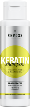 Revoss Keratin Shampoo w białej butelce z żółtą etykietą, do włosów zniszczonych z niacynamidem. Widok z przodu.