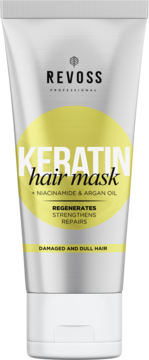 Revoss Keratin hair mask z niacynamidem do włosów zniszczonych, biała tuba, żółta etykieta, widok z przodu.
