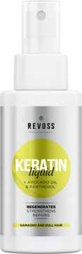 Biała butelka spray Revoss Keratin Liquid z awokado i pantenolem, na włosy zniszczone, widok z przodu.
