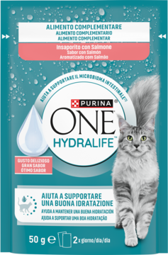 Niebieska saszetka Purina ONE Hydralife, karma uzupełniająca z łososiem, wspierająca nawodnienie kota.