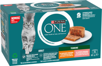 PURINA ONE Adult ,karma pełnoporcjowa mokra dla dorosłych kotów, z kurczakiem i marchewka + z łososiem i marchewką,przód