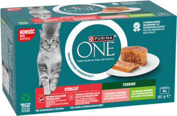 PURINA ONE Sterilcat ,karma pełnoporcjowa mokra dla wysterylizowanych kotów pasztety gotowane na parze, z łososiem i marchewką oraz z indykiem i szpinakiem,przód
