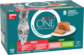 Purina ONE Sterilcat, mokra karma dla kotów. Tealowe pudełko multipack z szarym kotem i terrine.