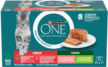 Niebieskie opakowanie Purina ONE Sterilcat 4x 85g: karma dla kotów, szary kot, pasztet i terrina na talerzu.