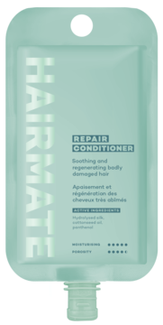 Hairmate Repair Conditioner w miętowej saszetce z korkiem, front. Regeneracja włosów zniszczonych, podróżny rozmiar.