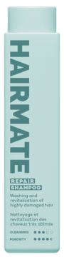 Jasnomiętowy szampon Hairmate Repair do włosów zniszczonych, front opakowania z pionowym logo i opisem.