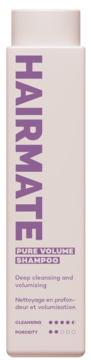 Hairmate Pure Volume Shampoo, light pink rectangular bottle with purple text, front view, deep cleansing & volumizing.