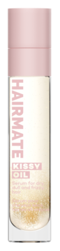 Hairmate Kissy Oil, nabłyszczające serum do włosów z brokatem w butelce z różową nakrętką, widok z przodu.