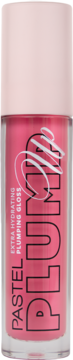 Pastel Plump-Up Plumping Gloss, różowy błyszczyk powiększający usta w przezroczystej tubce, widok z przodu.