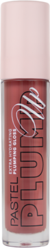 Pastel Plump-Up plumping gloss, odcień różowego brązu, w przezroczystej tubce z jasnoróżową zakrętką. Widok z przodu.
