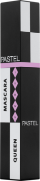 Mascara Pastel Queen, czarno-białe opakowanie w szachownicę z różową wstążką i rzymskimi cyframi, front.