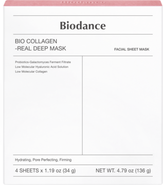 Biodance Bio Collagen Real Deep Mask, białe opakowanie z różowym paskiem, widok z przodu, 4 hydrożelowe maski.